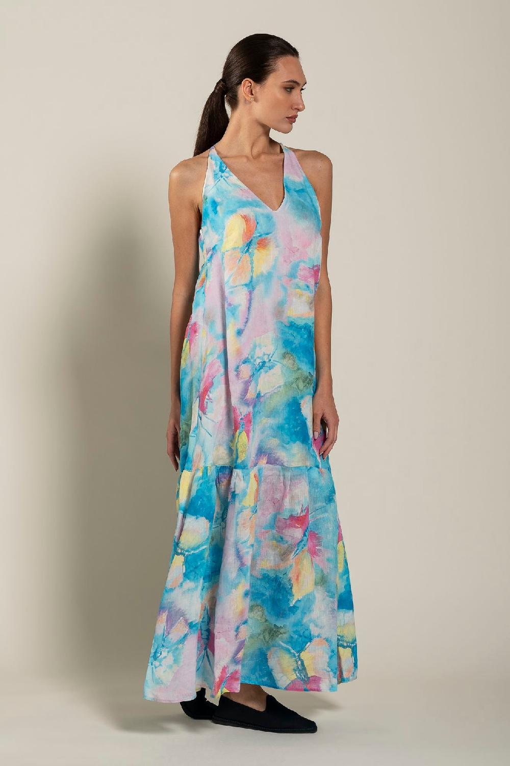 120% Lino Maxi Butterfly Print Dress Pezzi Unici