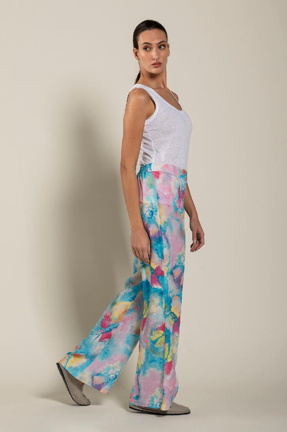 120% Lino Woman Butterfly Print Pant Qualità Garantita
