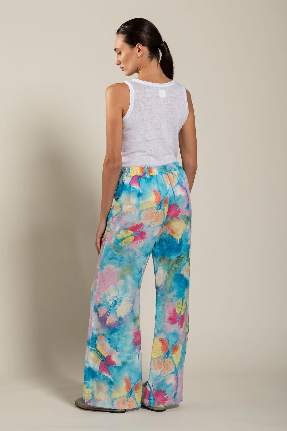 120% Lino Woman Butterfly Print Pant Qualità Garantita