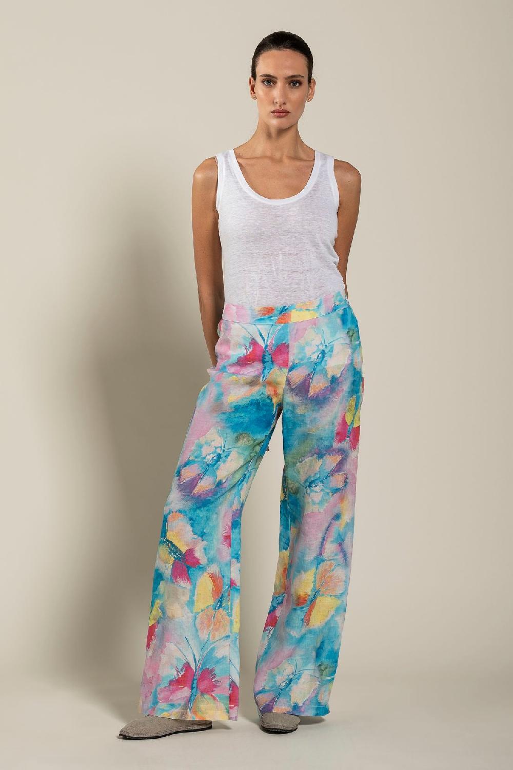 120% Lino Woman Butterfly Print Pant Qualità Garantita