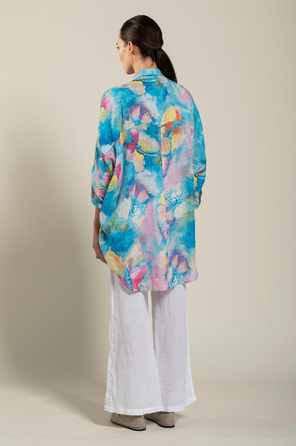 120% Lino Long Sleeve Woman Butterfly Print Shirt Acquista Ora