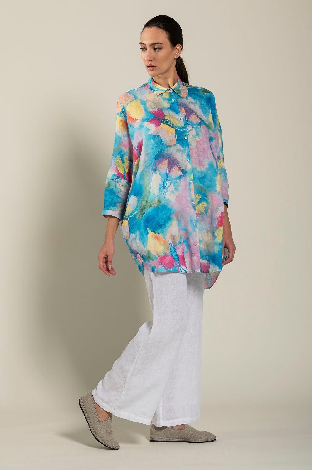 120% Lino Long Sleeve Woman Butterfly Print Shirt Acquista Ora