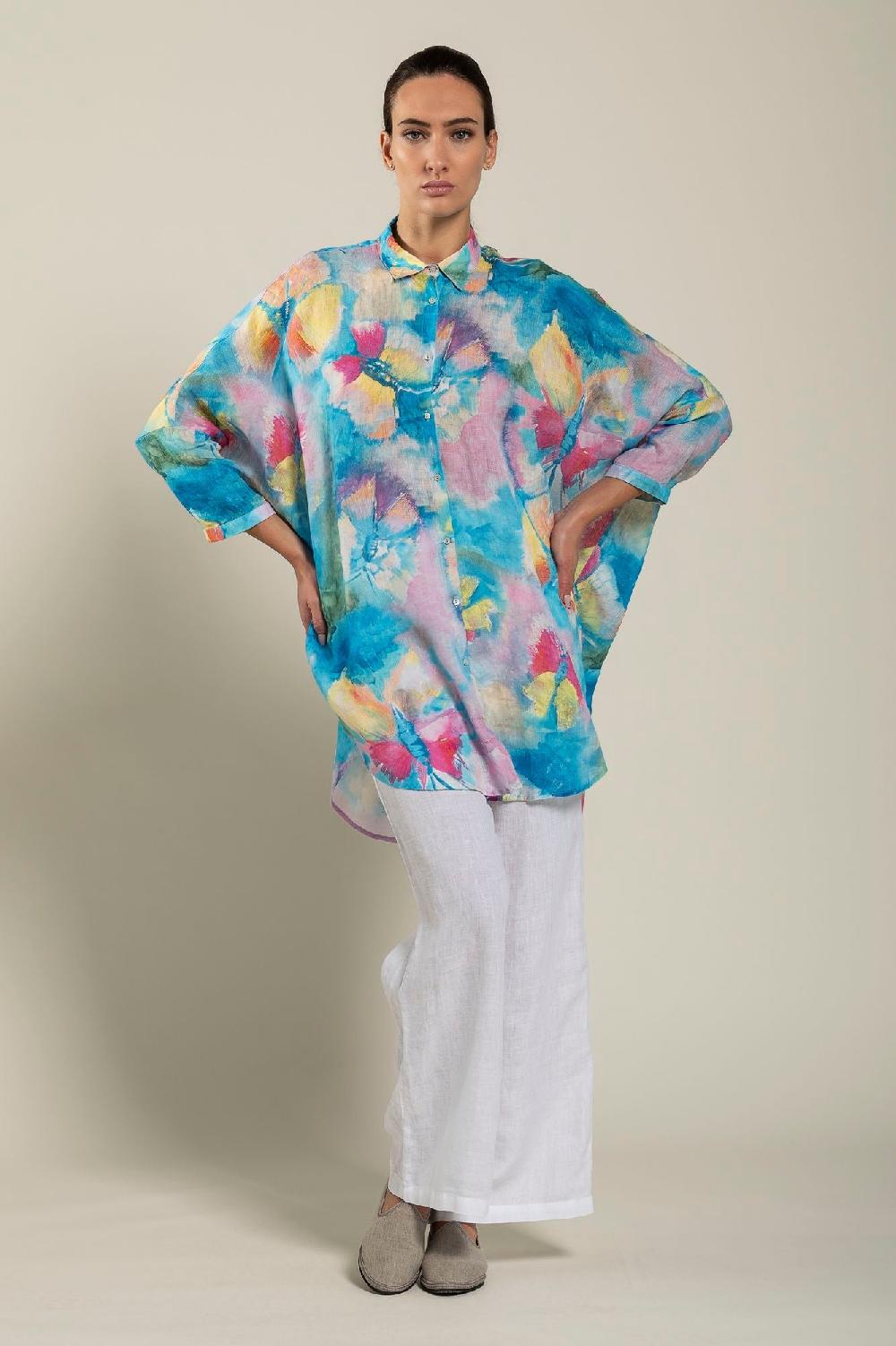 120% Lino Long Sleeve Woman Butterfly Print Shirt Acquista Ora