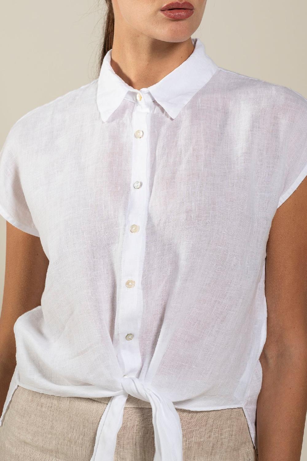 120% Lino Short-Sleeve Linen Shirt with Front Tie Promozione Limitata