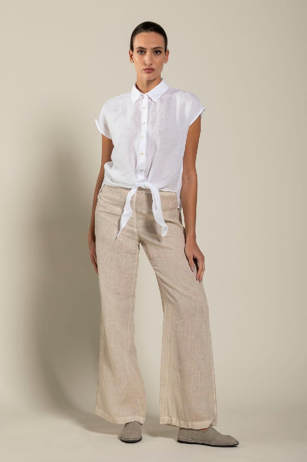 120% Lino Short-Sleeve Linen Shirt with Front Tie Promozione Limitata