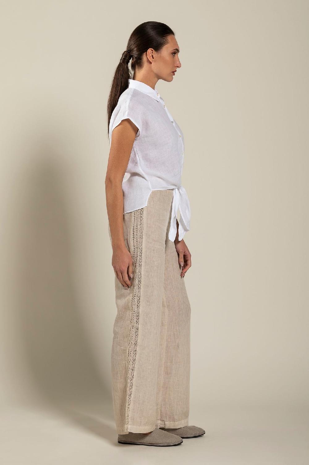 120% Lino Short-Sleeve Linen Shirt with Front Tie Promozione Limitata