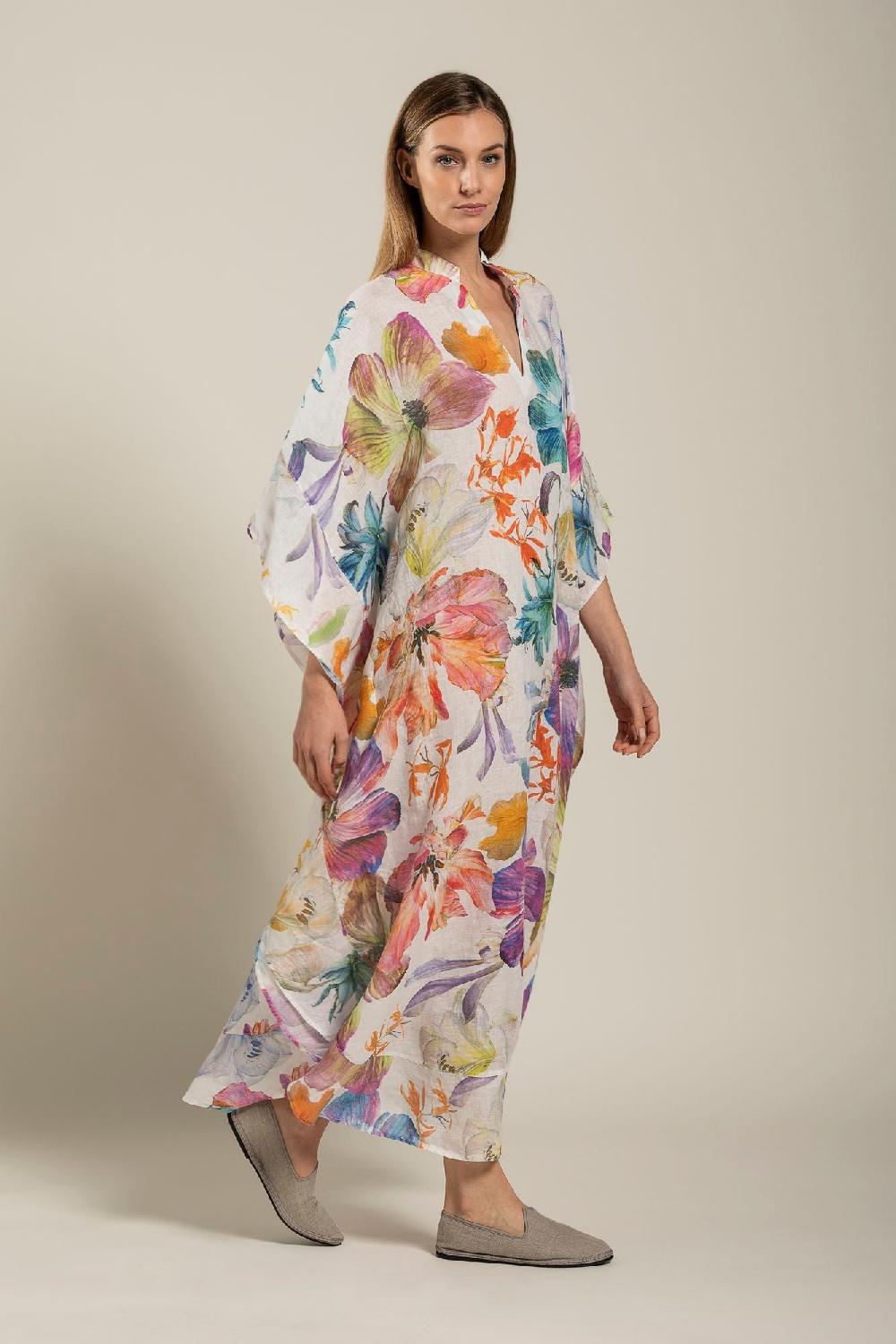 120% Lino Floral Print Kaftano Sconto