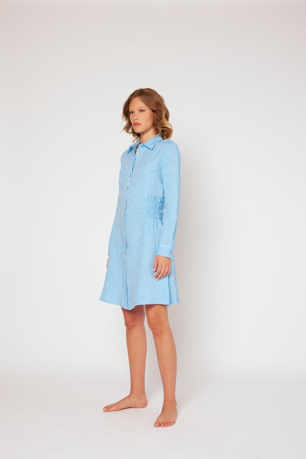 120% Lino Shirt Dress with Elasticized Ruched Waist Economico