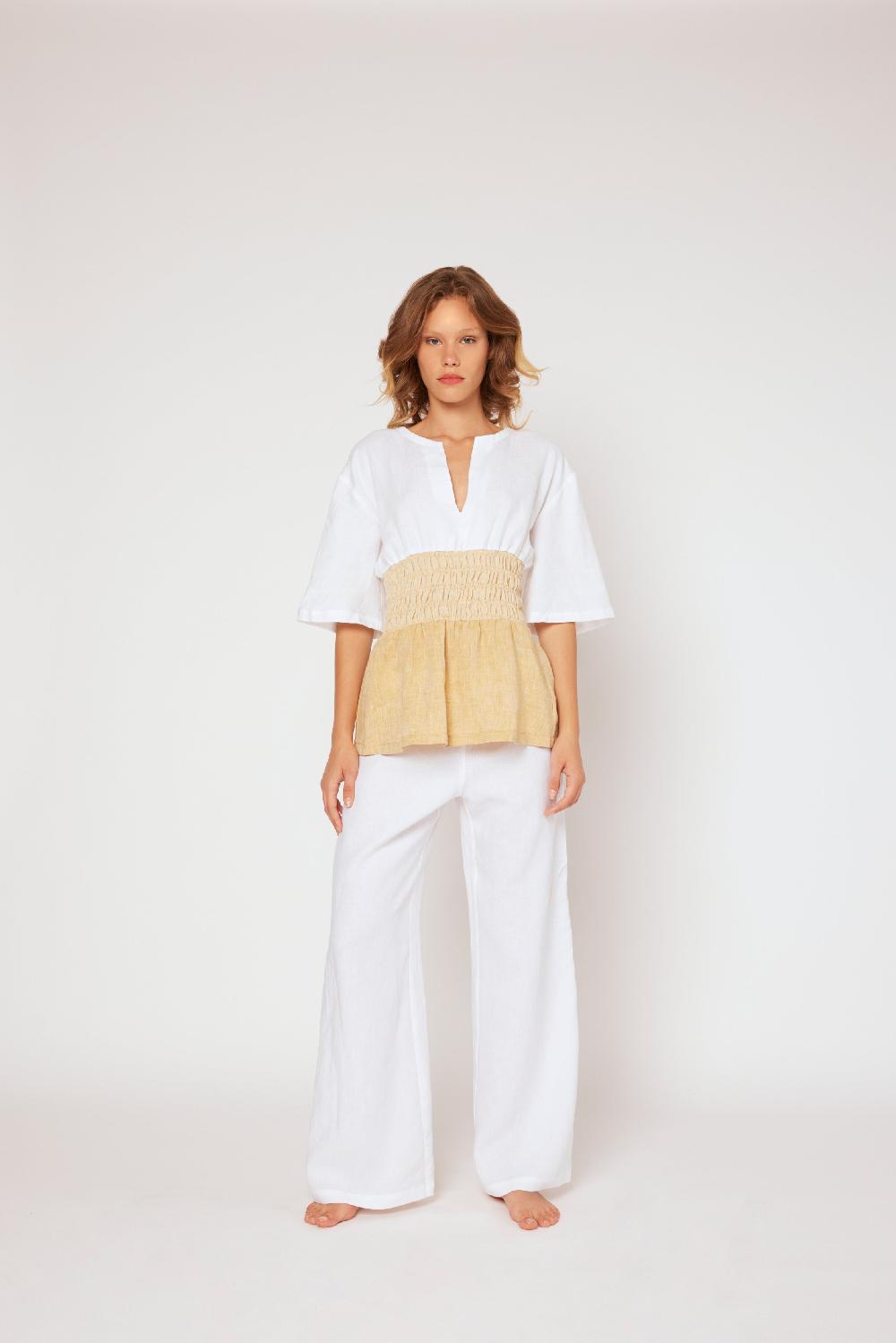120% Lino Yarn-dyed linen top White/Beige Saldi