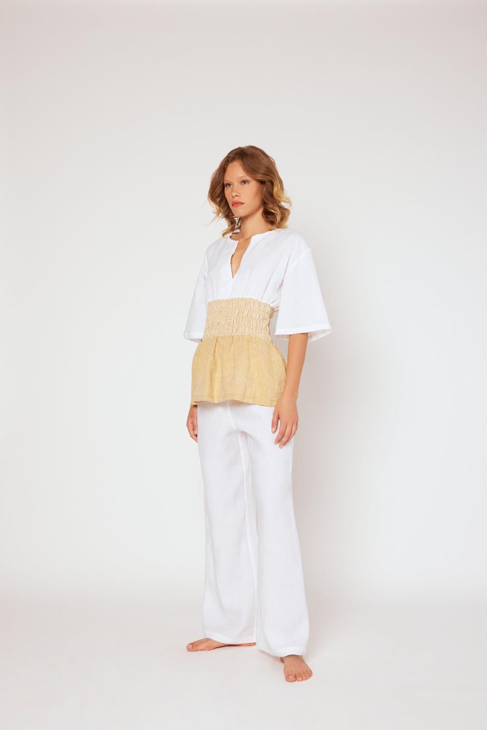 120% Lino Yarn-dyed linen top White/Beige Saldi