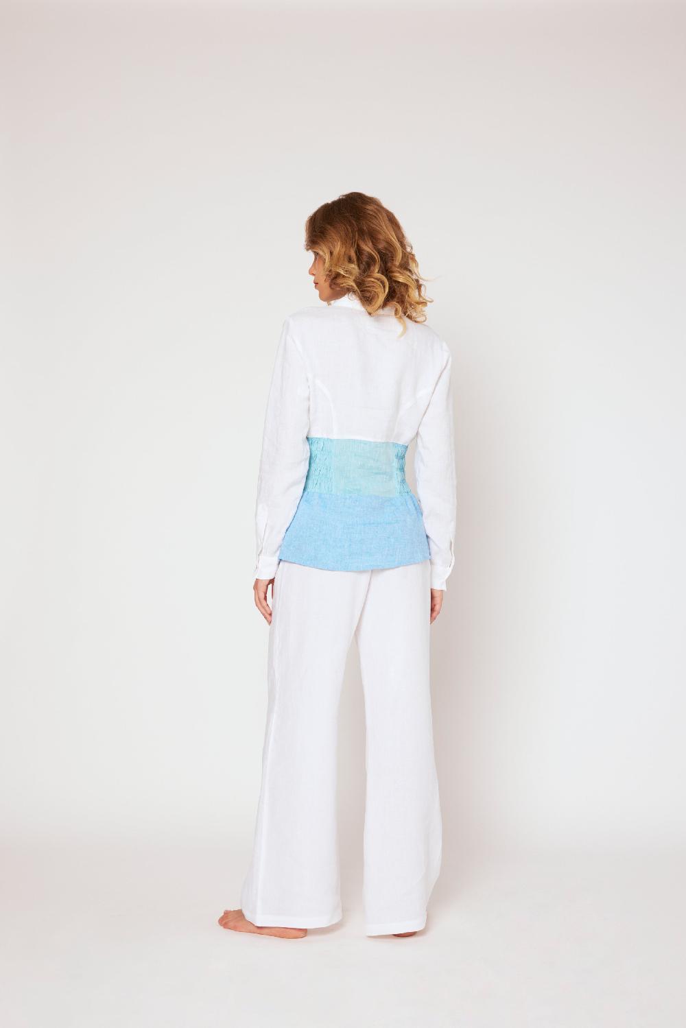 120% Lino Yarn-dyed linen blouse White/Blue Vendita Calda