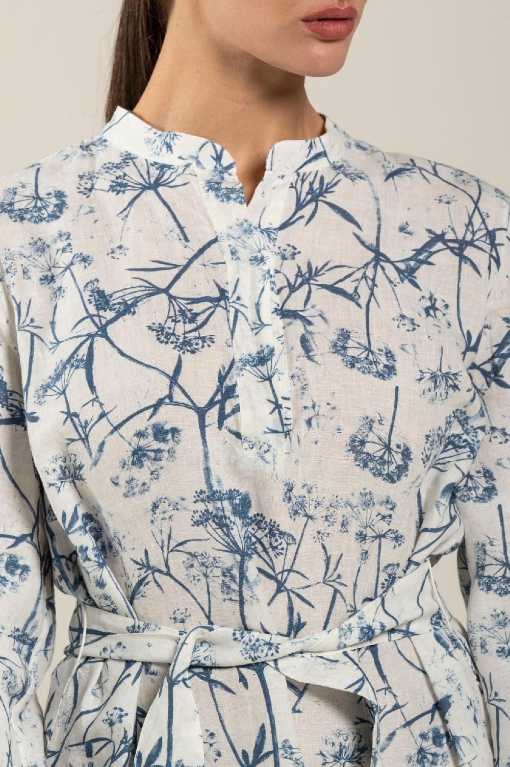 120% Lino Long Sleeve Woman Floral Patterned Dress With Belt Moda