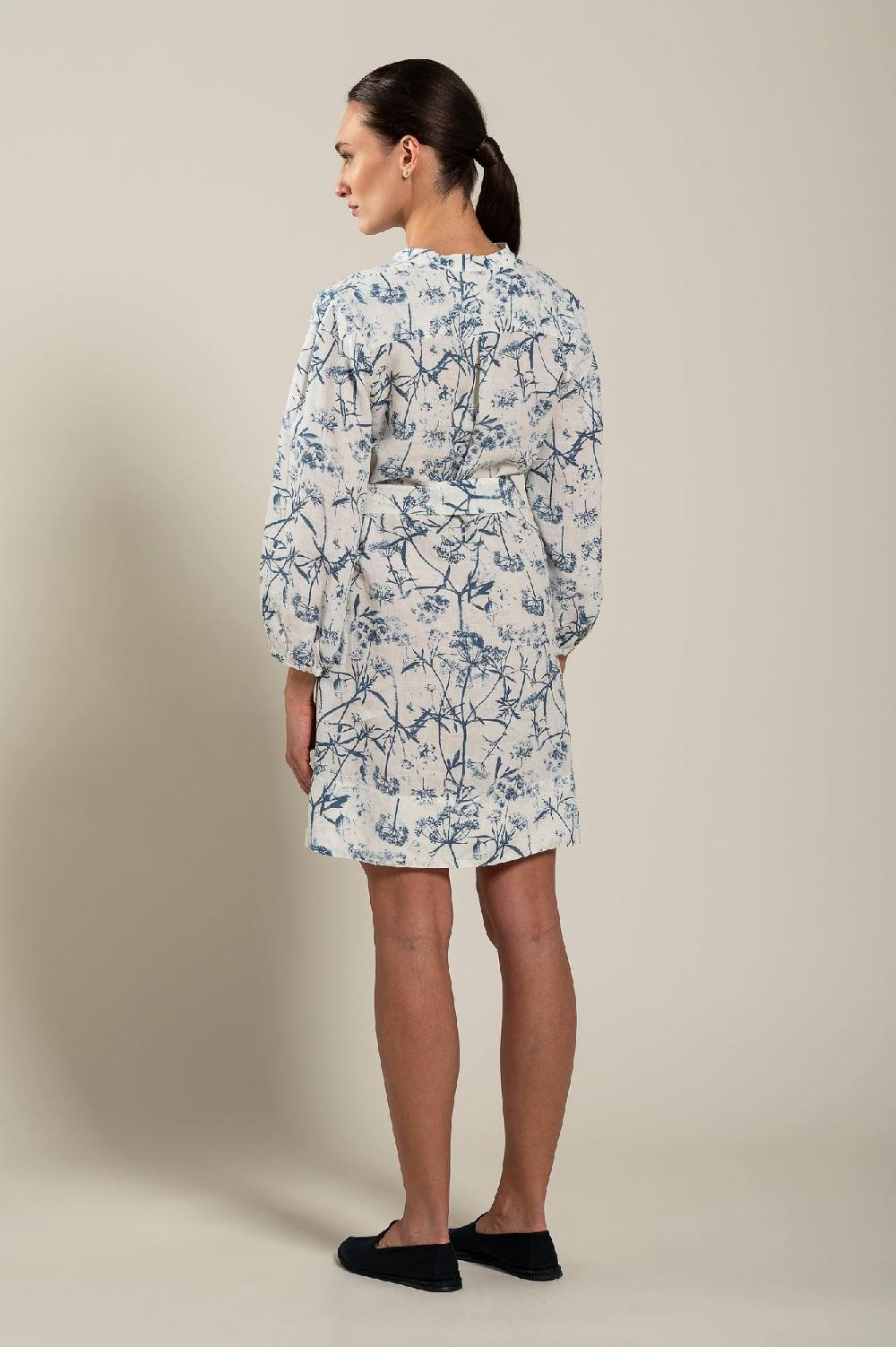 120% Lino Long Sleeve Woman Floral Patterned Dress With Belt Moda
