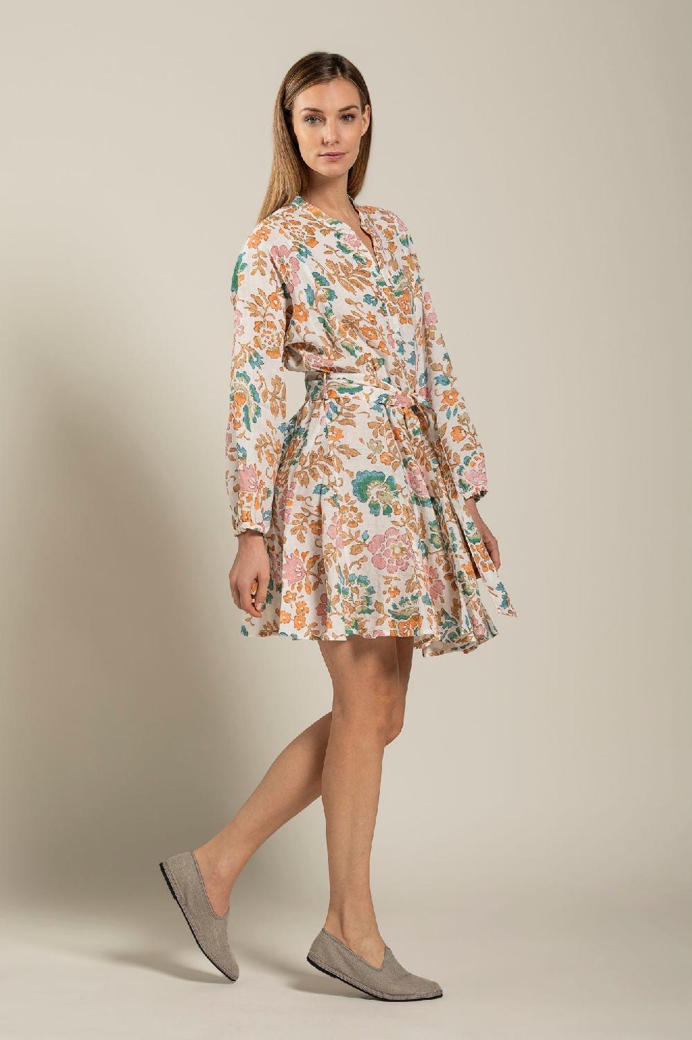 120% Lino Colorful Floral Patterned Dress With Belt Italy