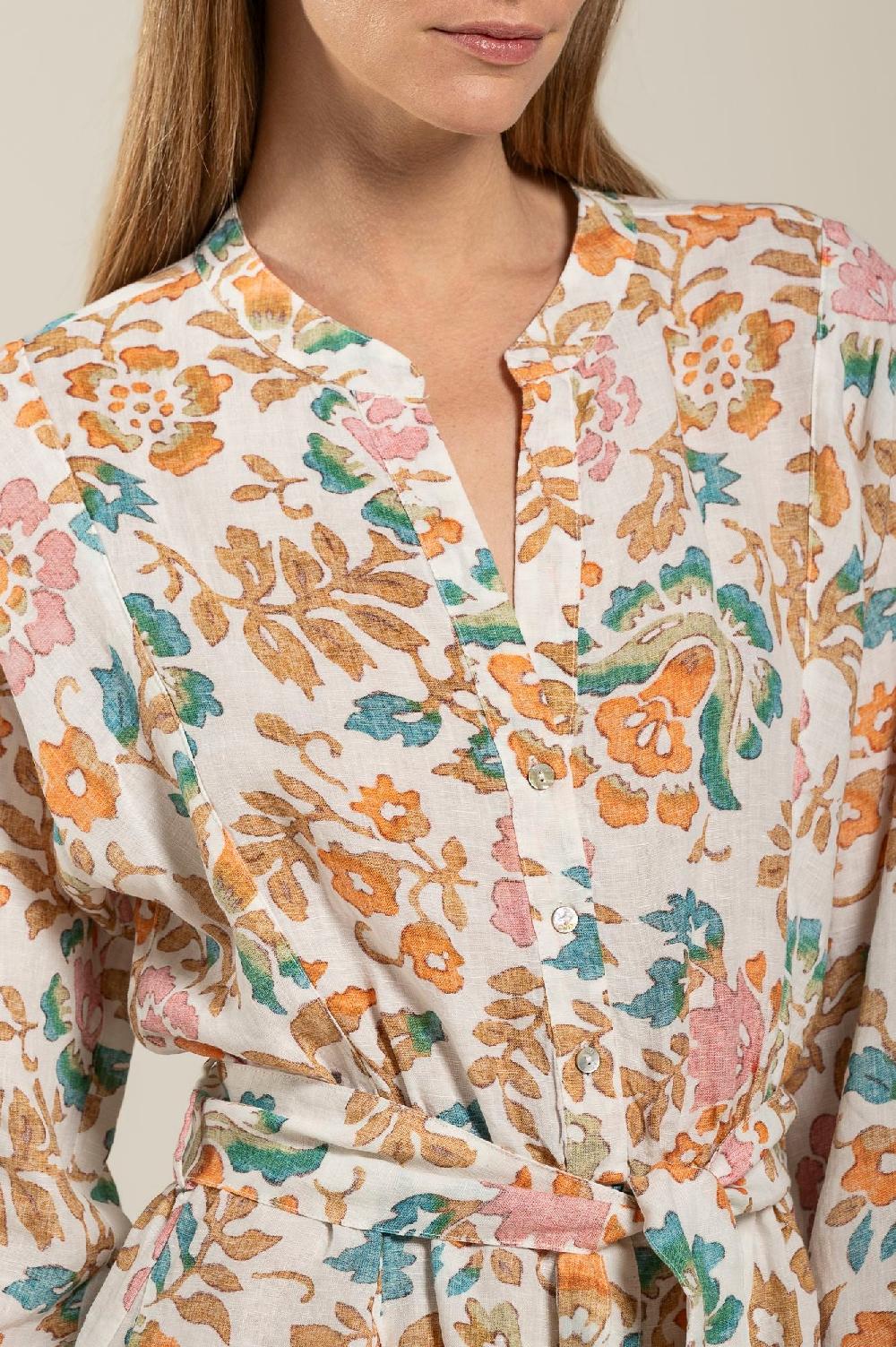 120% Lino Colorful Floral Patterned Dress With Belt Italy