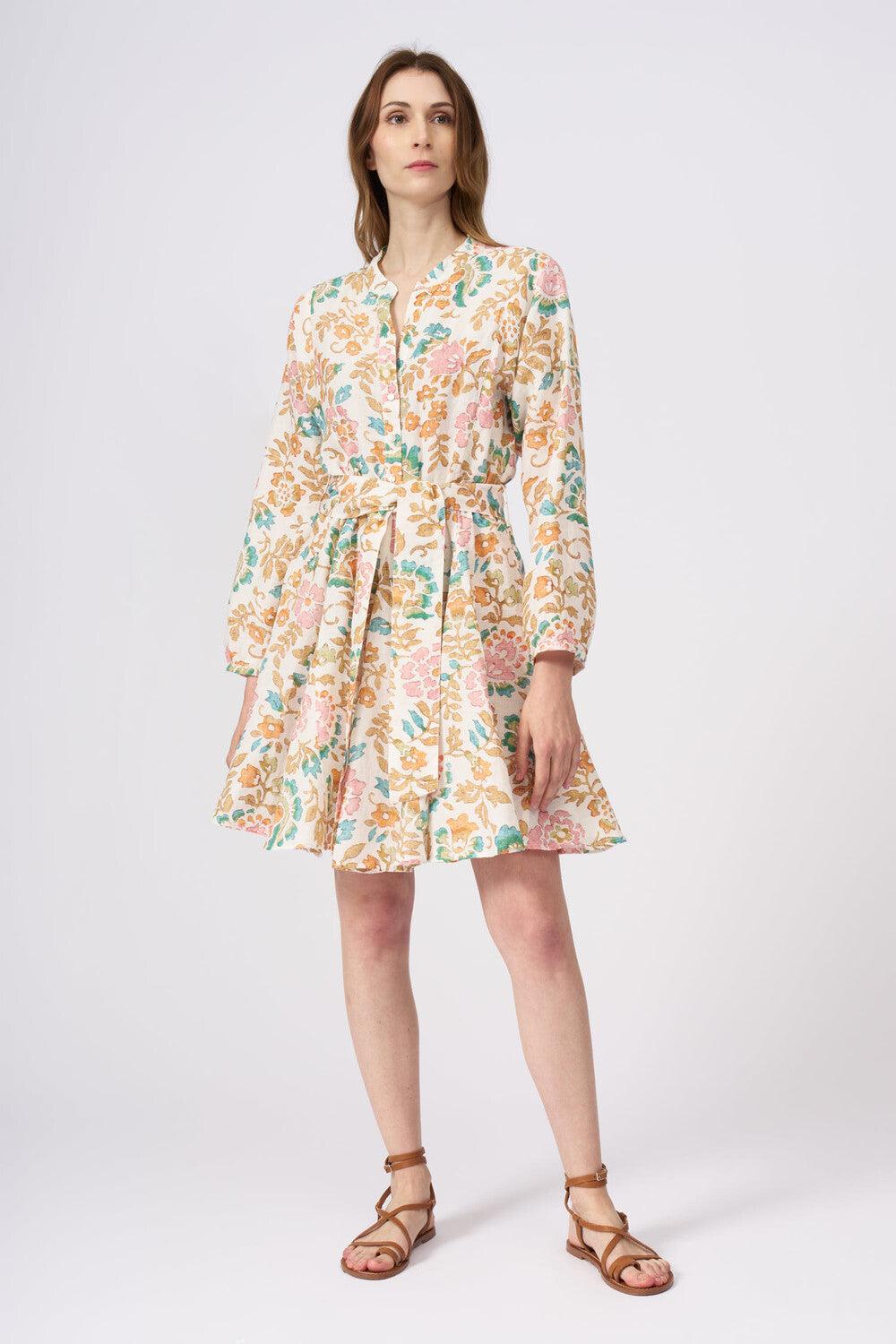 120% Lino Colorful Floral Patterned Dress With Belt Italy