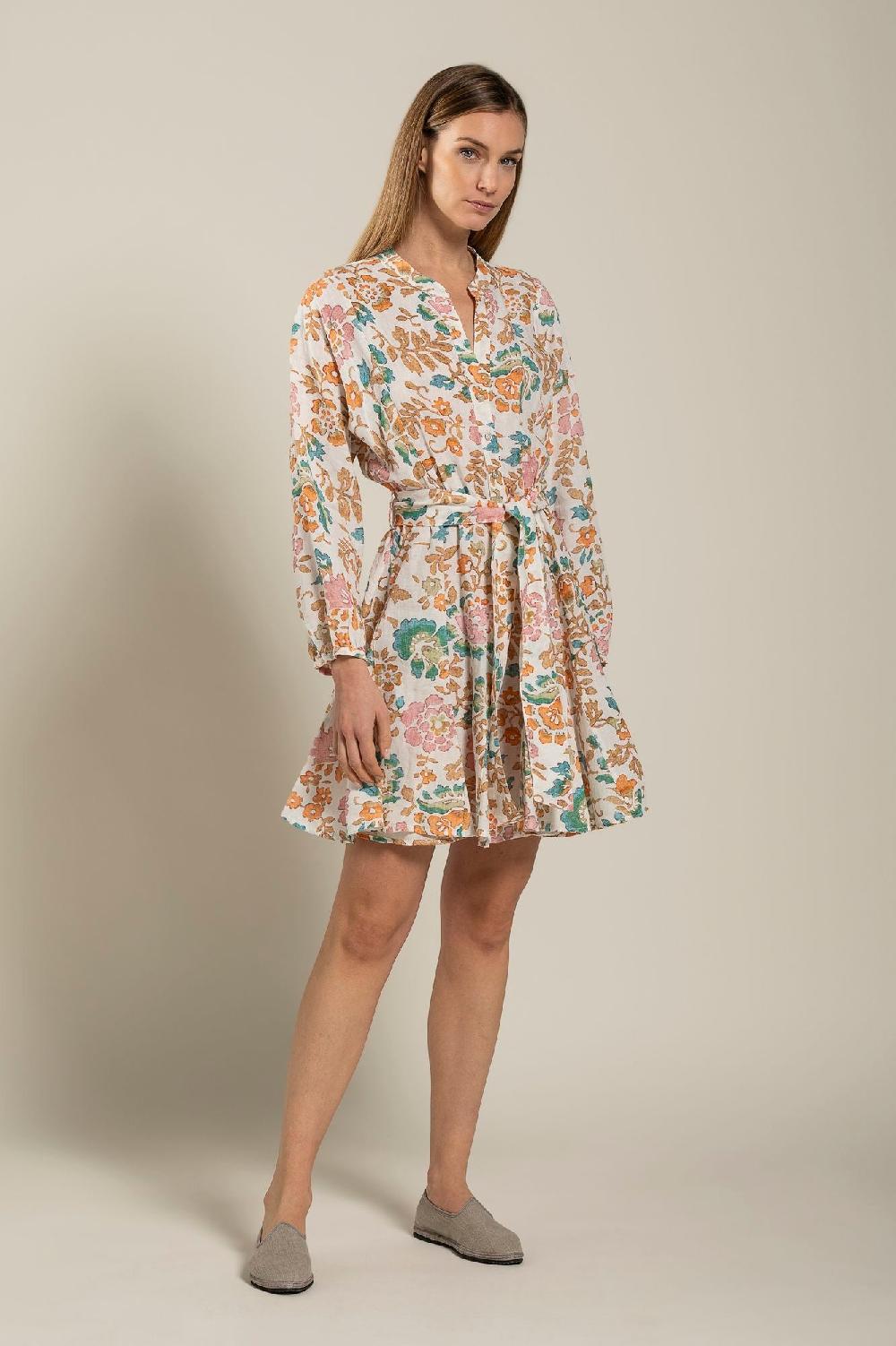 120% Lino Colorful Floral Patterned Dress With Belt Italy