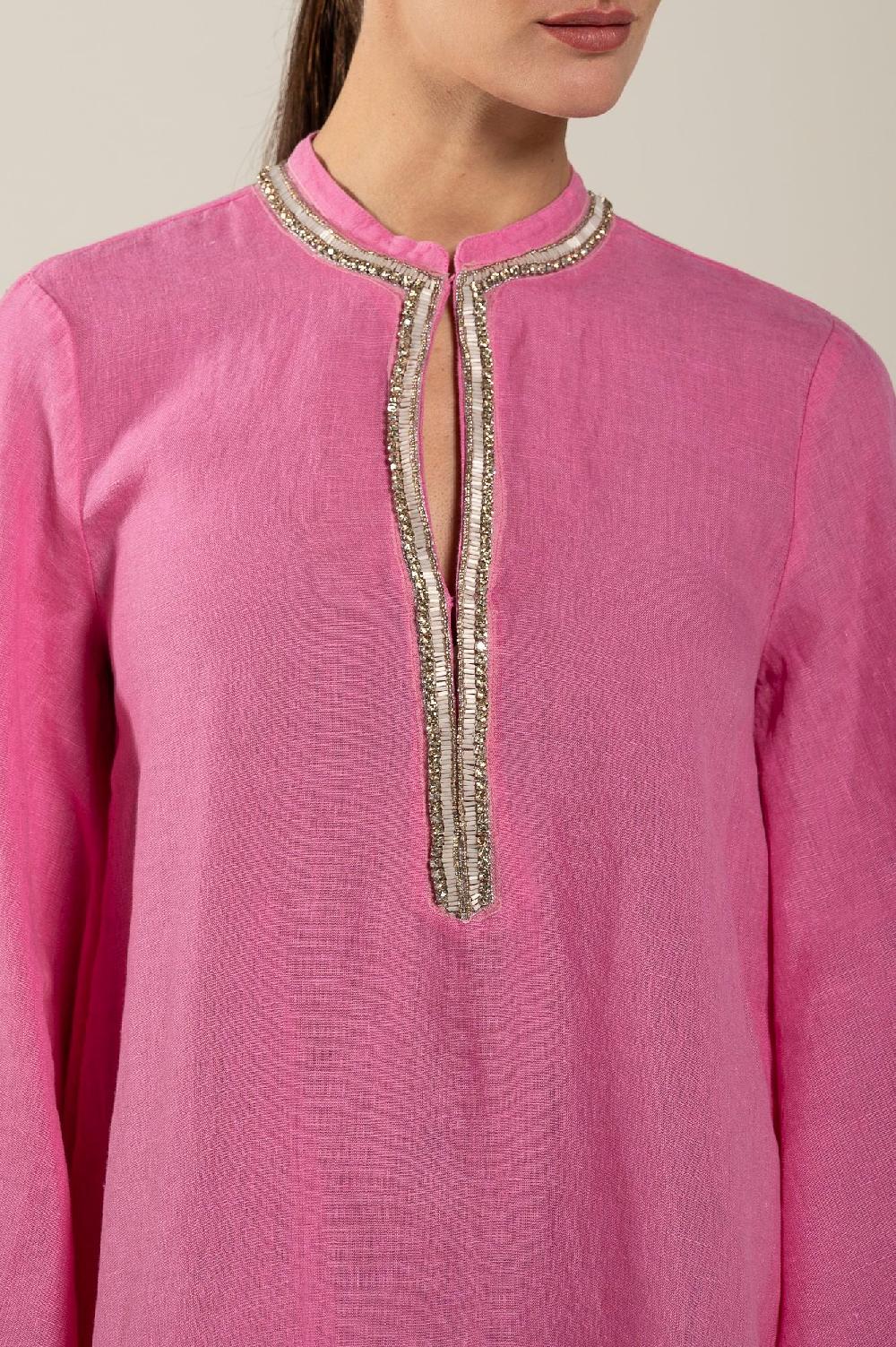 120% Lino Dress With Embellishment And Wide Sleeves 2025