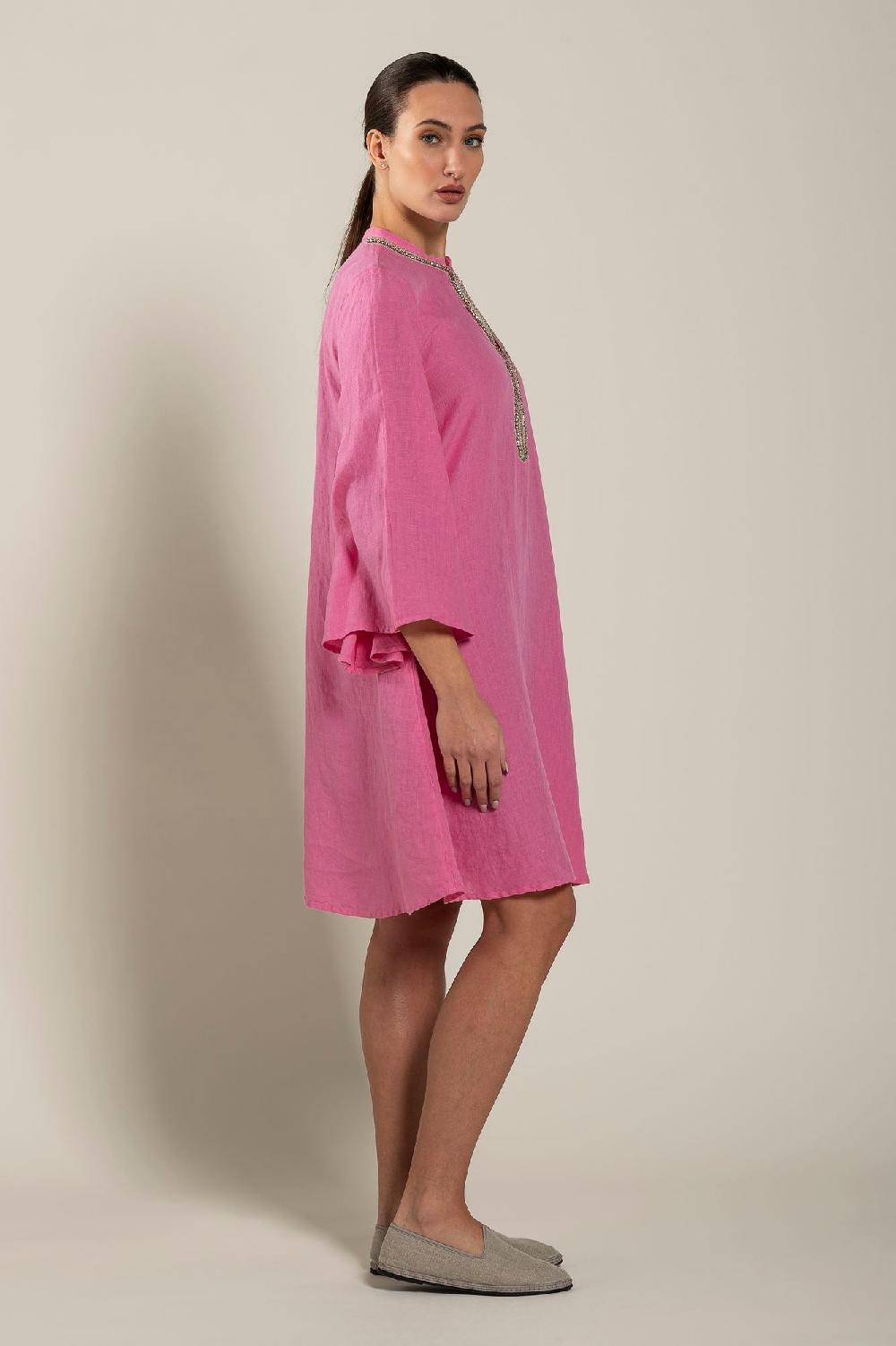 120% Lino Dress With Embellishment And Wide Sleeves 2025
