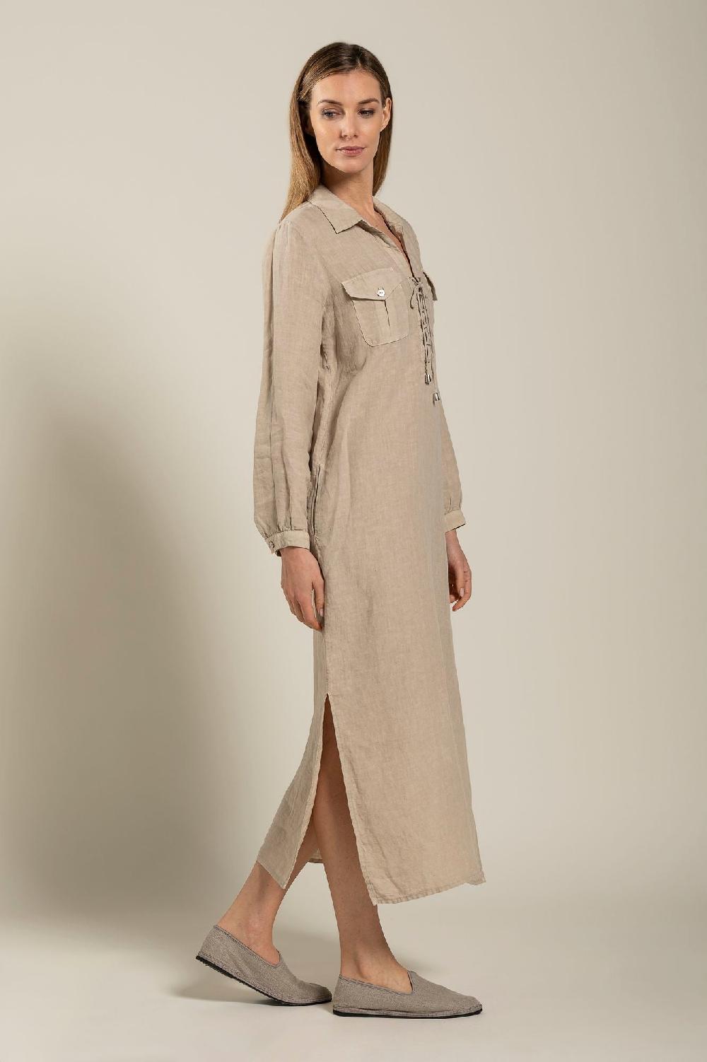 120% Lino Long Sleeve Dress With Pockets Promozione