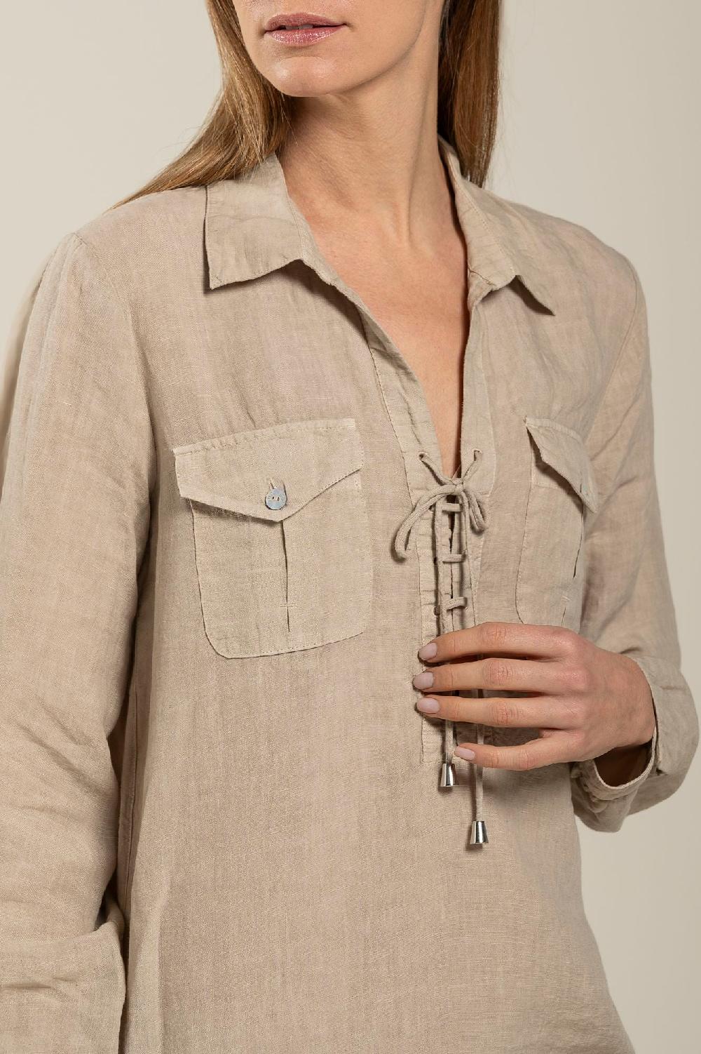 120% Lino Long Sleeve Dress With Pockets Promozione