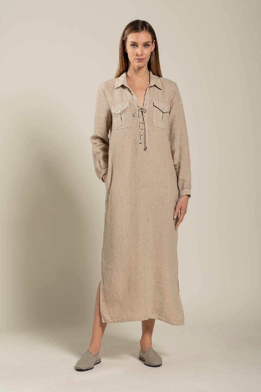 120% Lino Long Sleeve Dress With Pockets Promozione