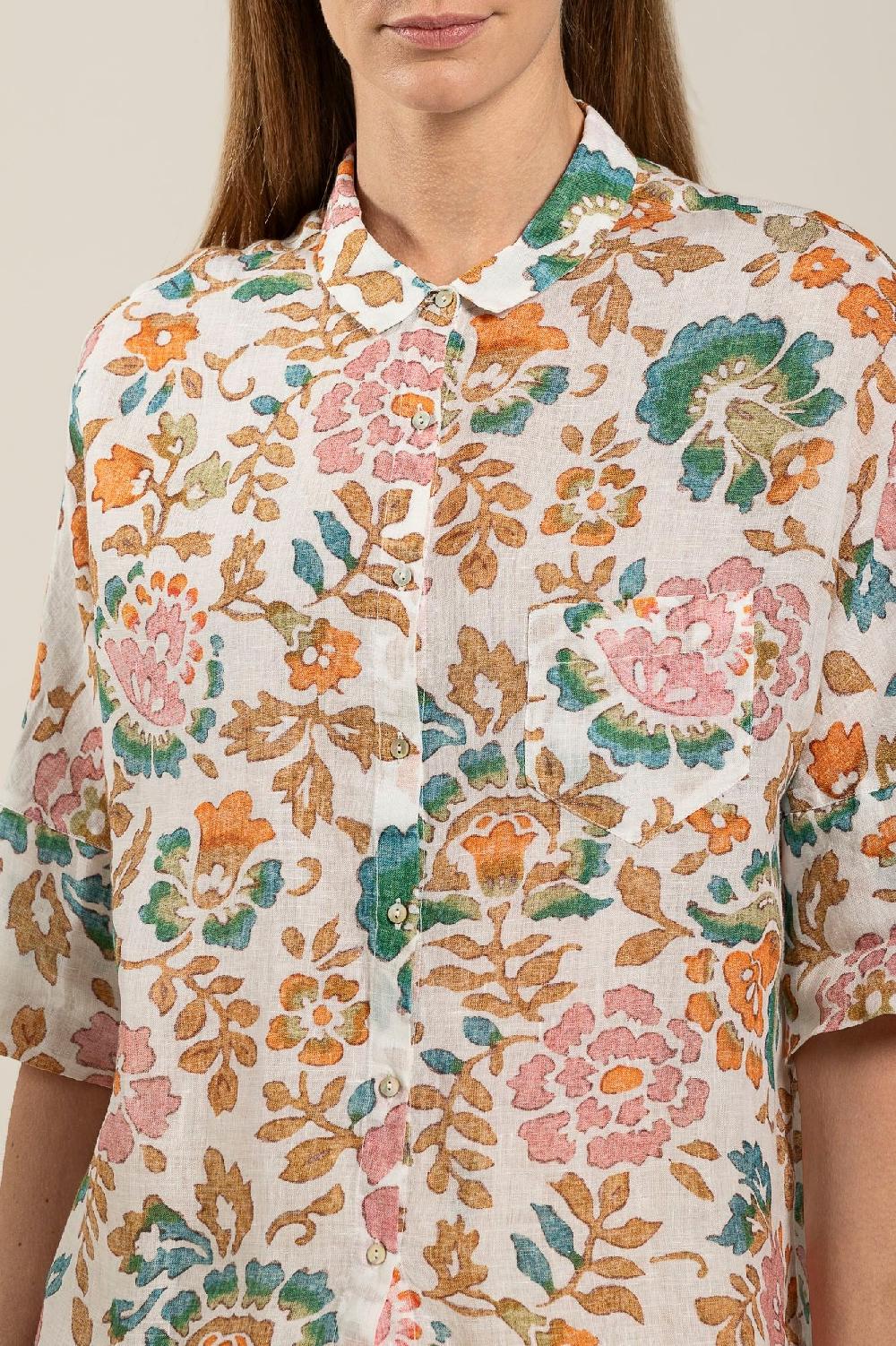 120% Lino Short Sleeve Woman Floral Pattern Shirt Spedizione Gratuita