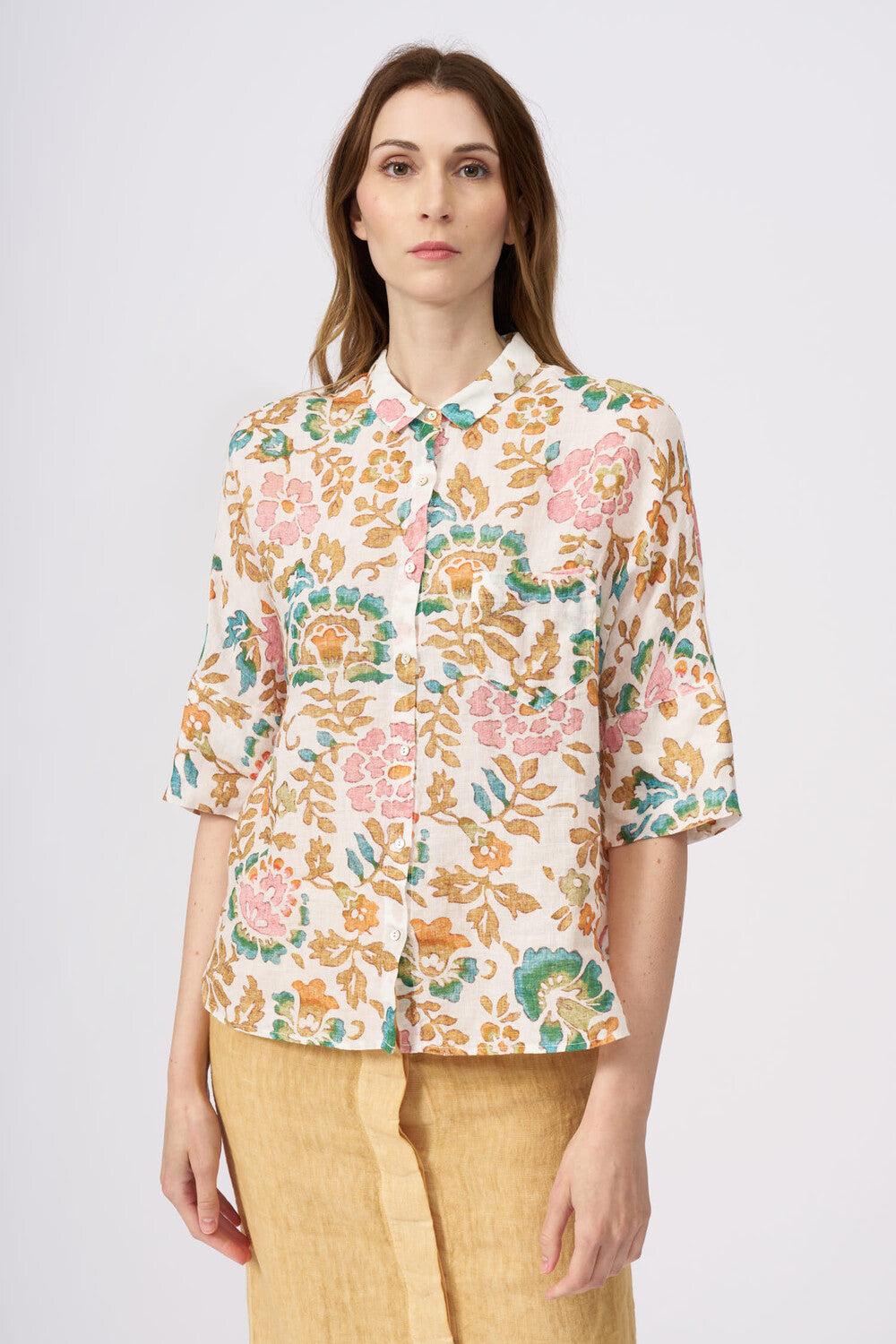 120% Lino Short Sleeve Woman Floral Pattern Shirt Spedizione Gratuita