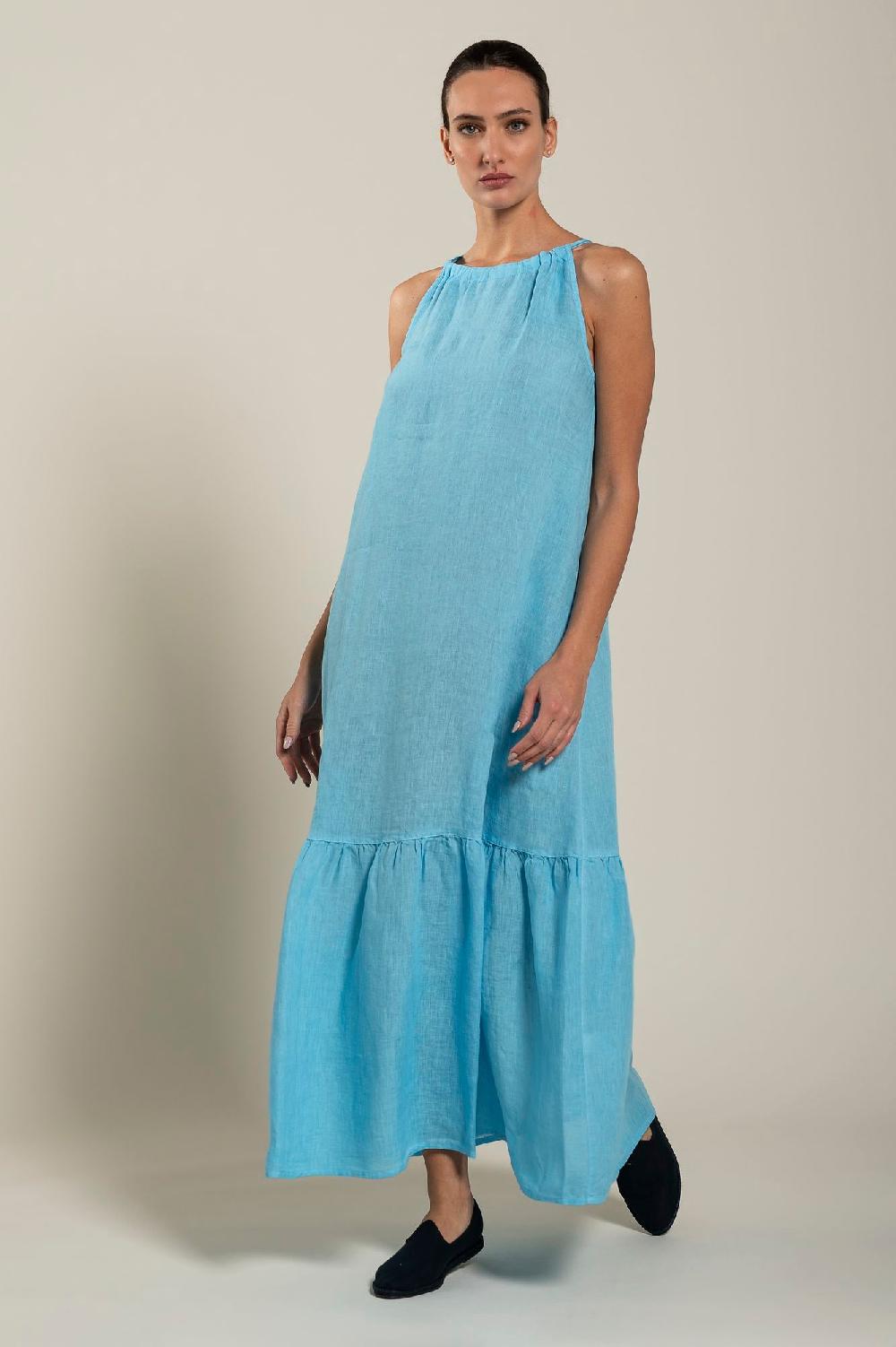 120% Lino Woman Crew Neck Maxi Dress Shopping Online