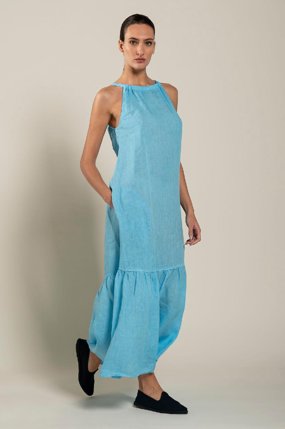 120% Lino Woman Crew Neck Maxi Dress Shopping Online