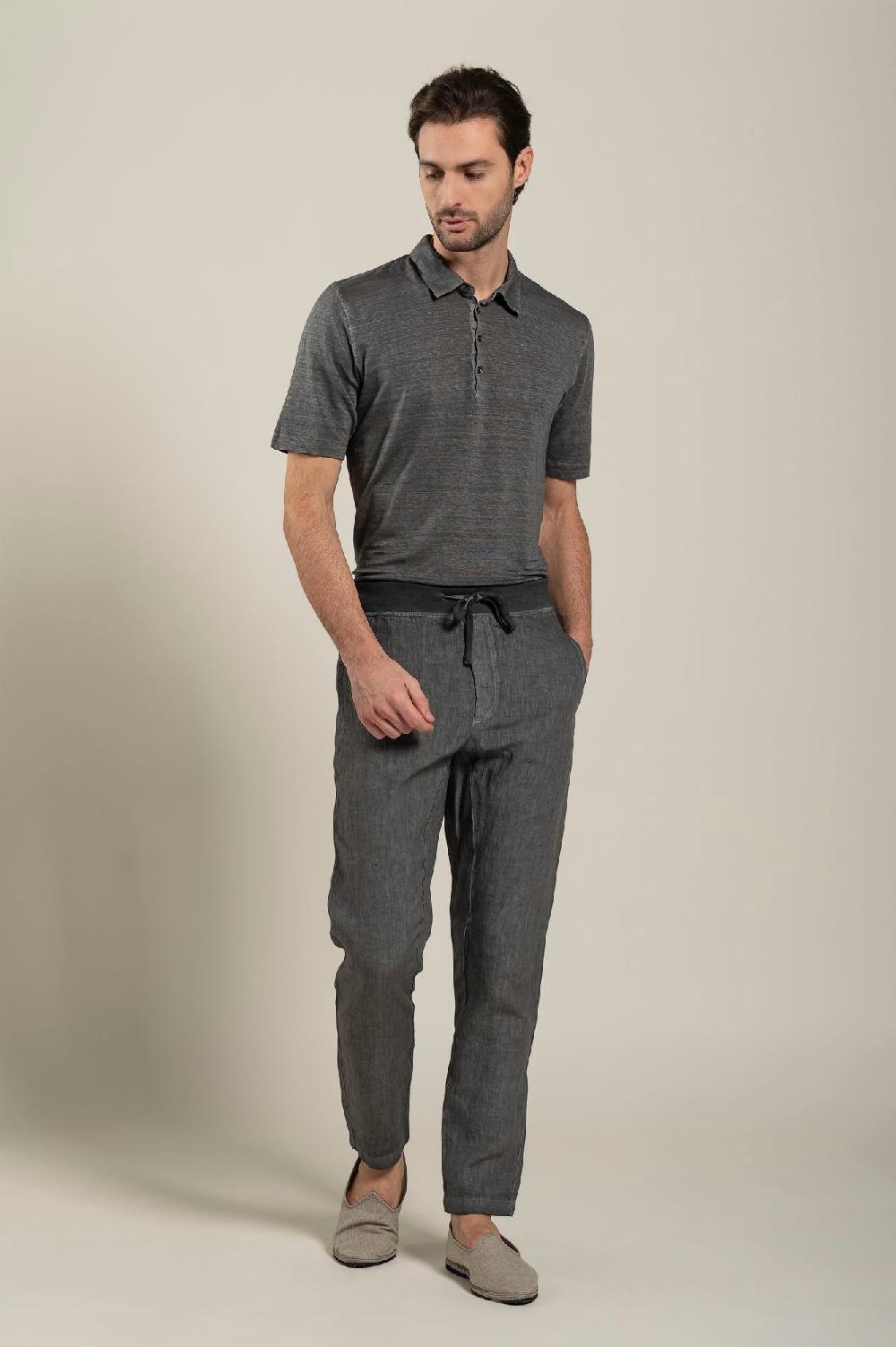 120% Lino Man Grey Drawstring Pant Convenienza