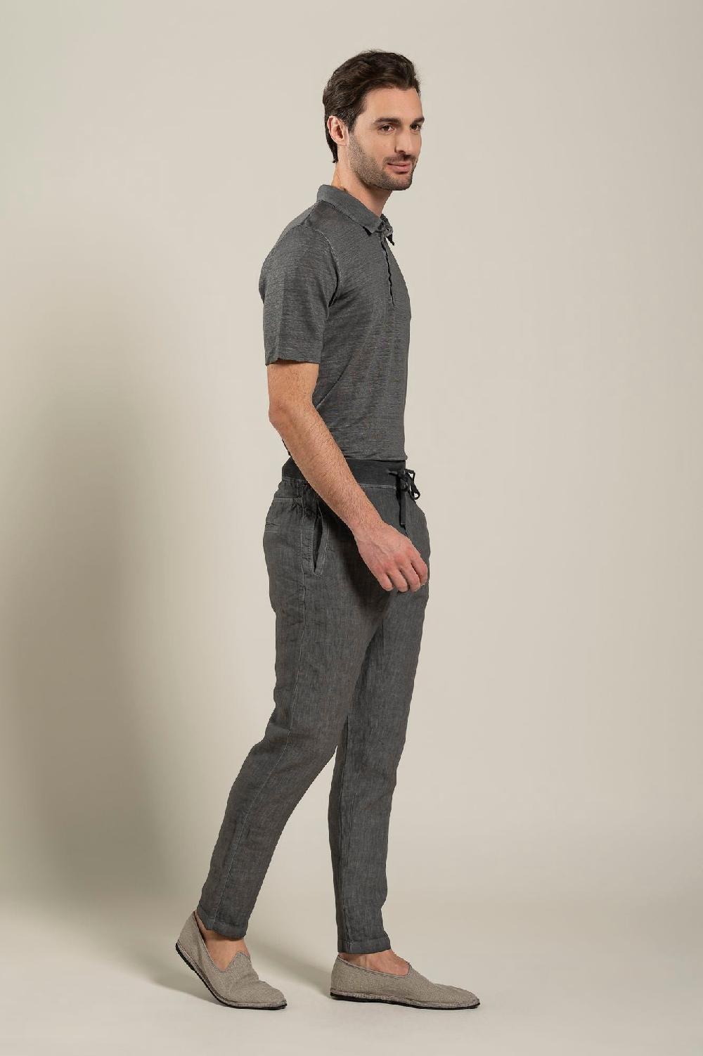 120% Lino Man Grey Drawstring Pant Convenienza