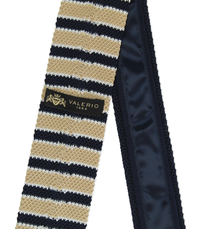 Valerio 1966 Cravatta blu/beige rigata in cotone con fondo dritto uomo | Valerio 1966 Pezzi Unici