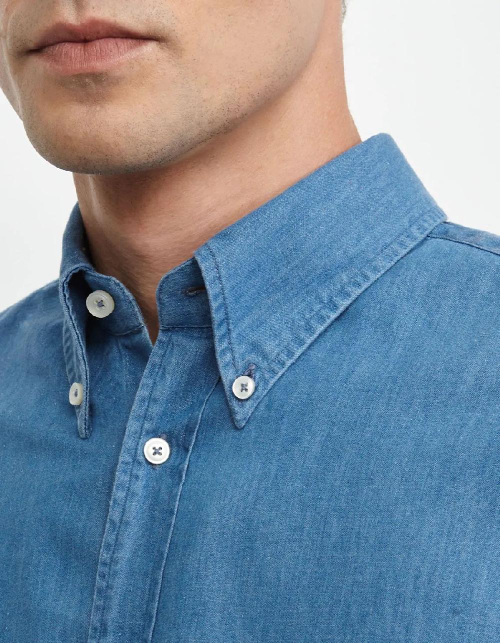 Xacus Camicia Collo button down Tinta Unita Indaco Blue jeans Offerta