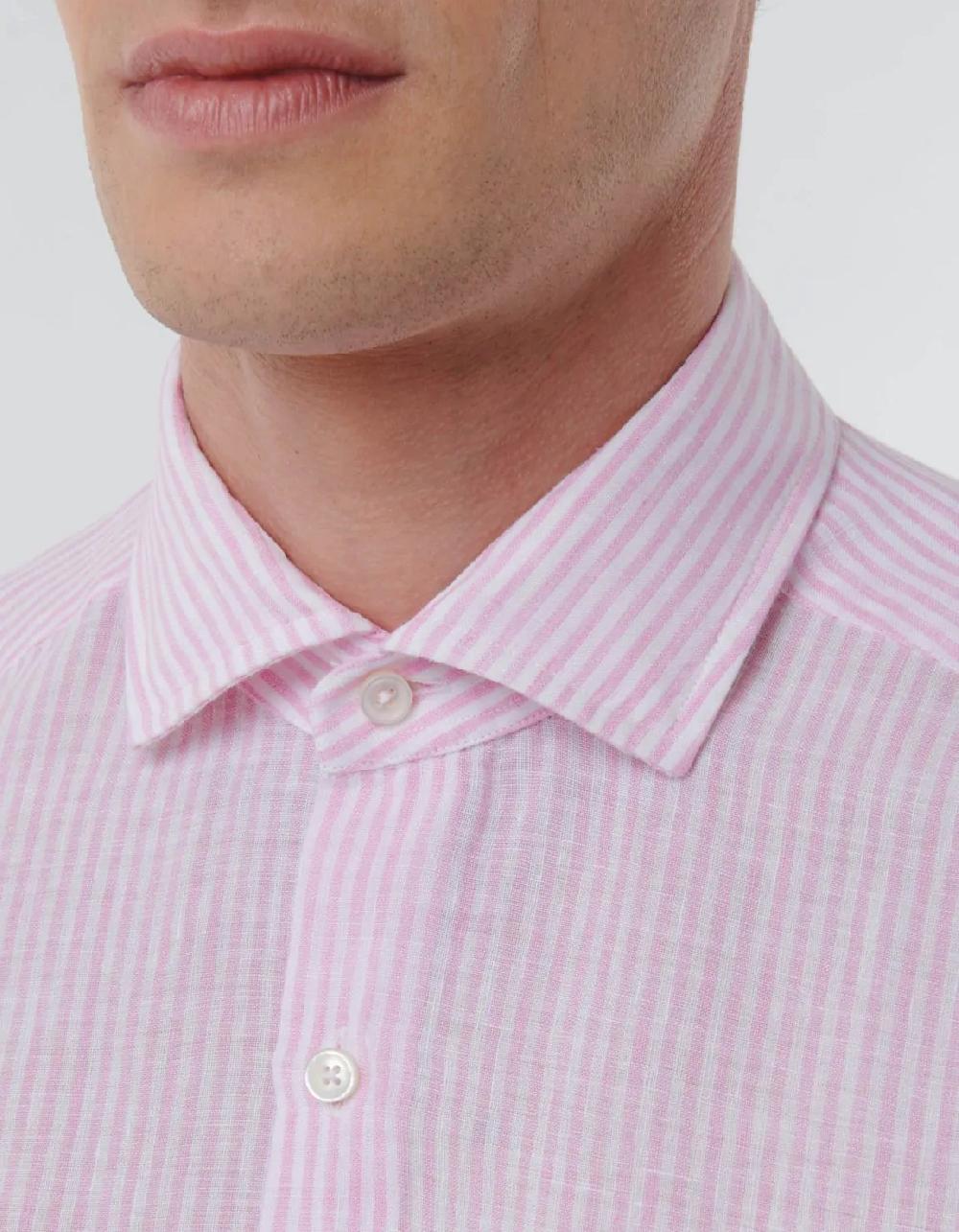 Xacus Camicia Collo italiano aperto Righe Lino Rosa