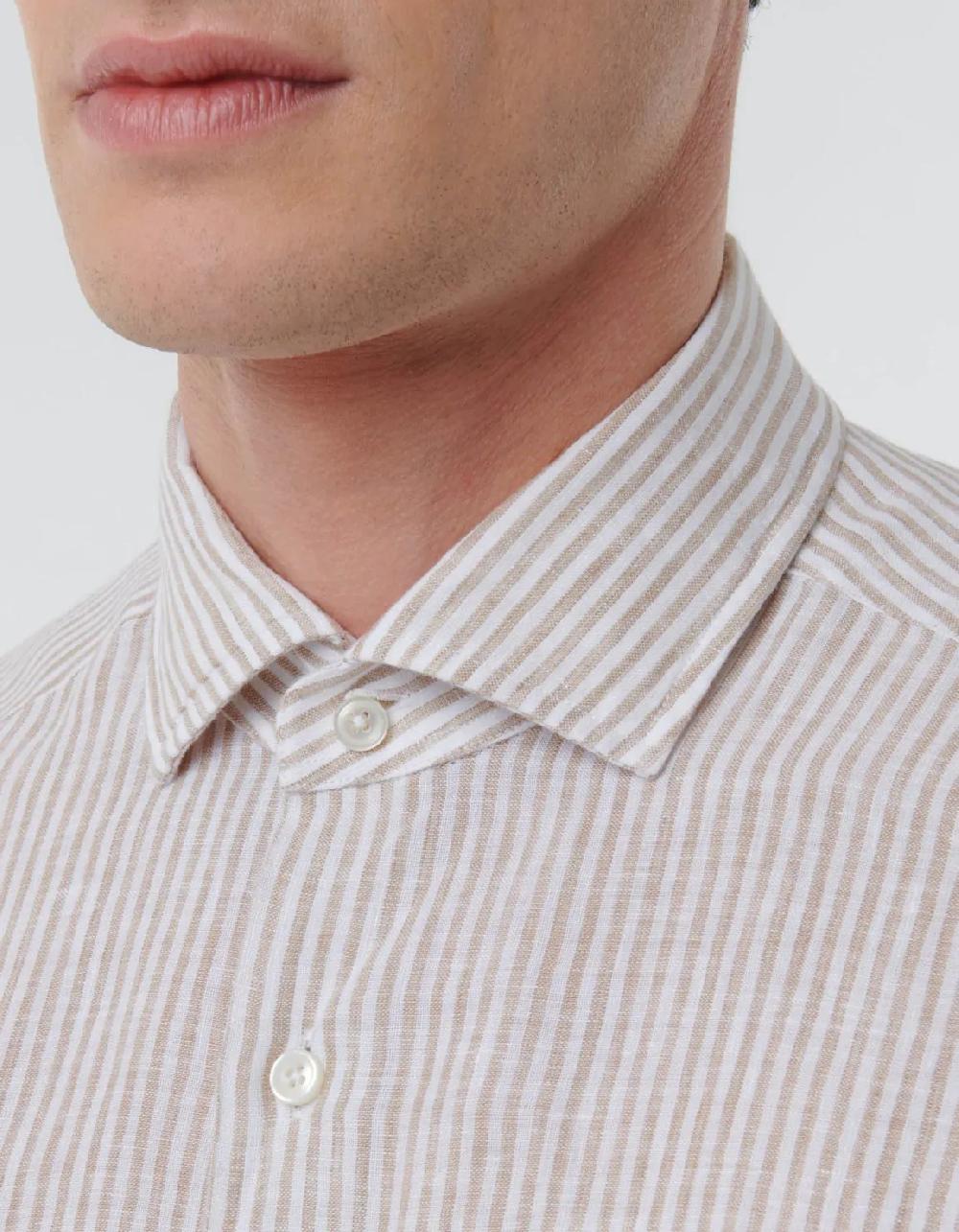 Xacus Camicia Collo italiano aperto Righe Lino Beige