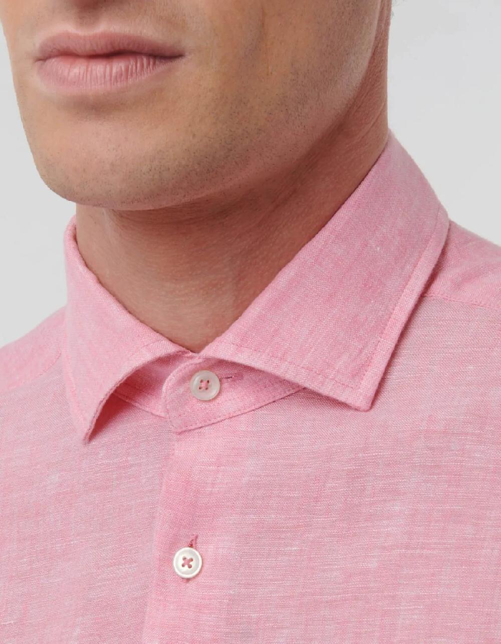 Xacus Camicia Collo italiano aperto Tinta Unita Lino Rosa scuro