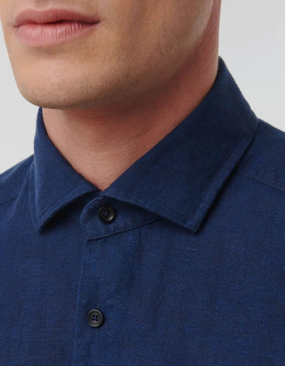 Xacus Camicia Collo italiano aperto Tinta Unita Lino Blu Nuovo