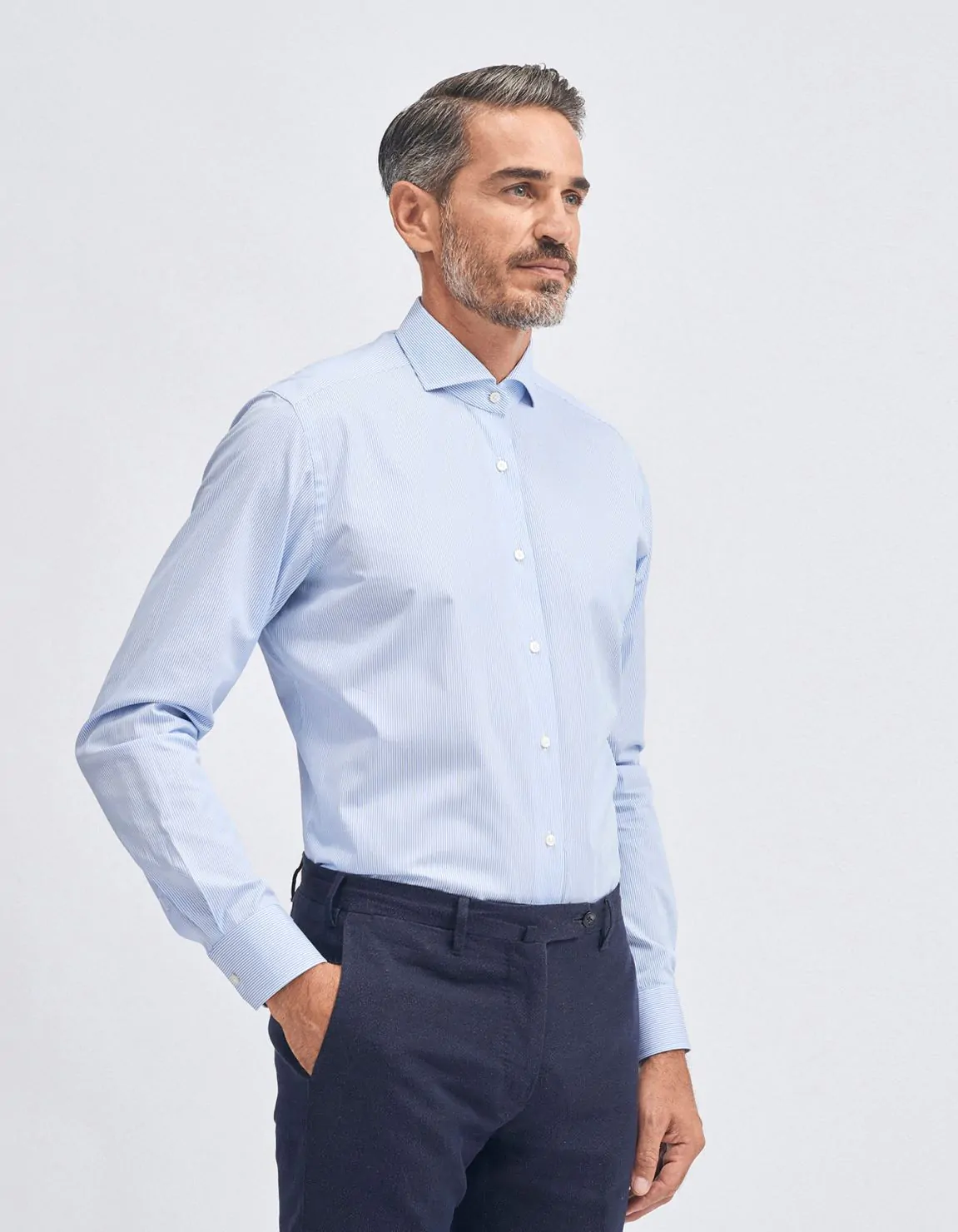 Xacus Camicia Collo francese Righe Popeline Celeste chiaro