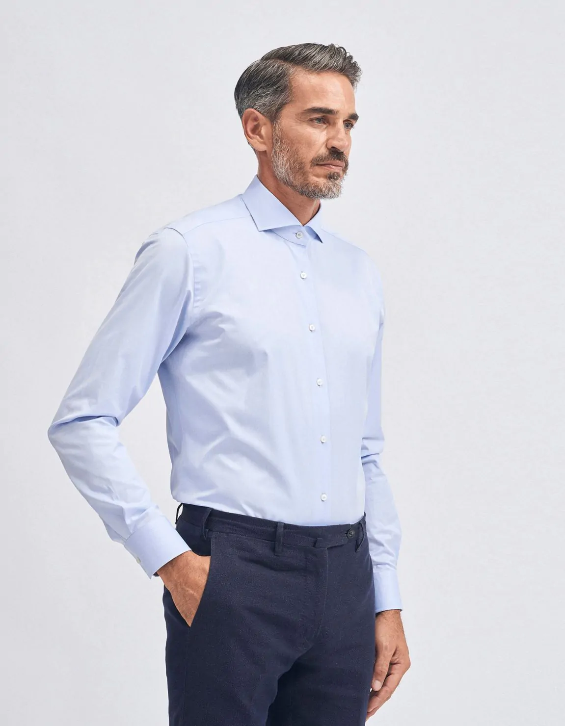 Xacus Camicia Collo francese piccolo Tinta Unita Twill Celeste scuro