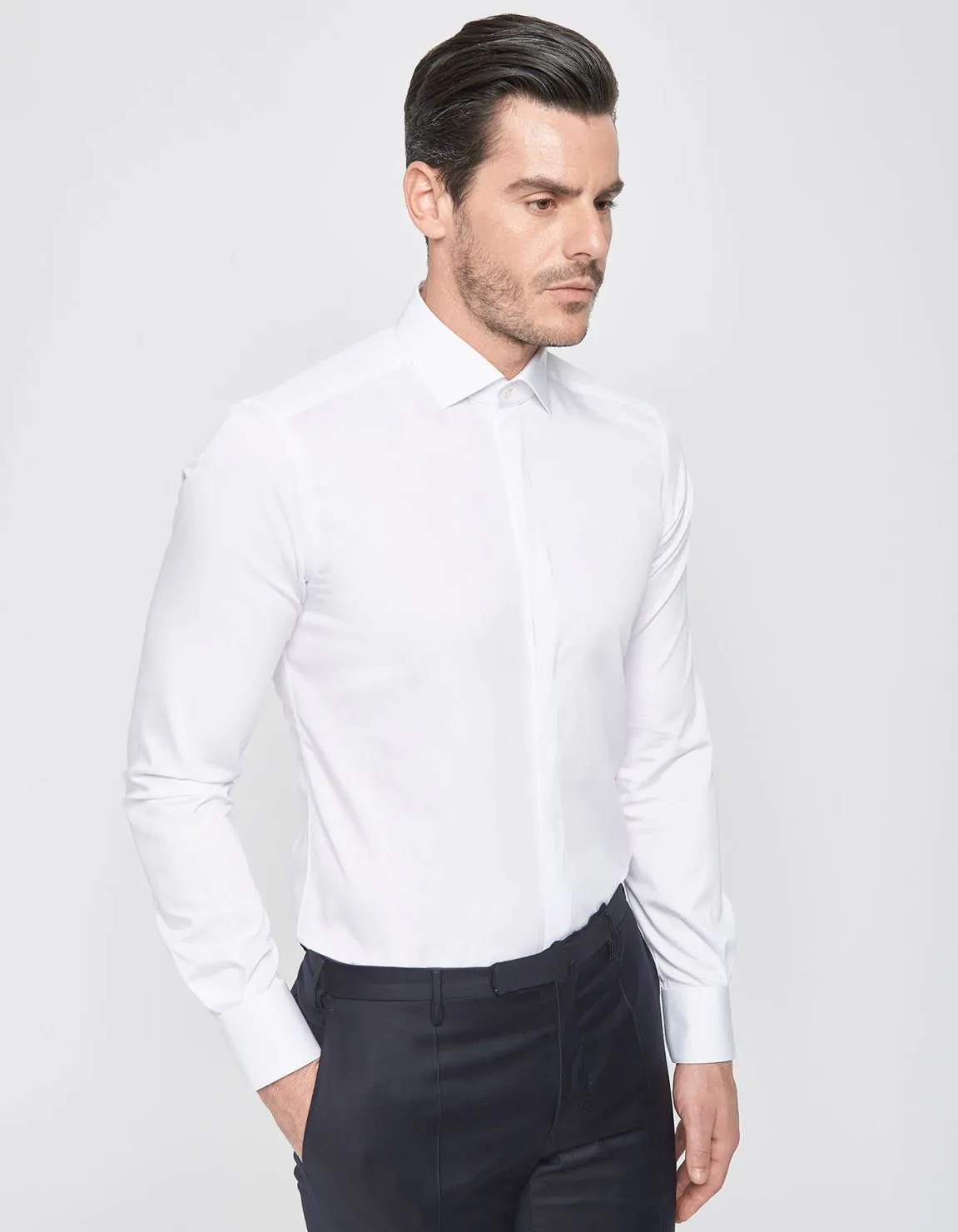 Xacus Camicia Collo francese Tinta Unita Tela Bianco