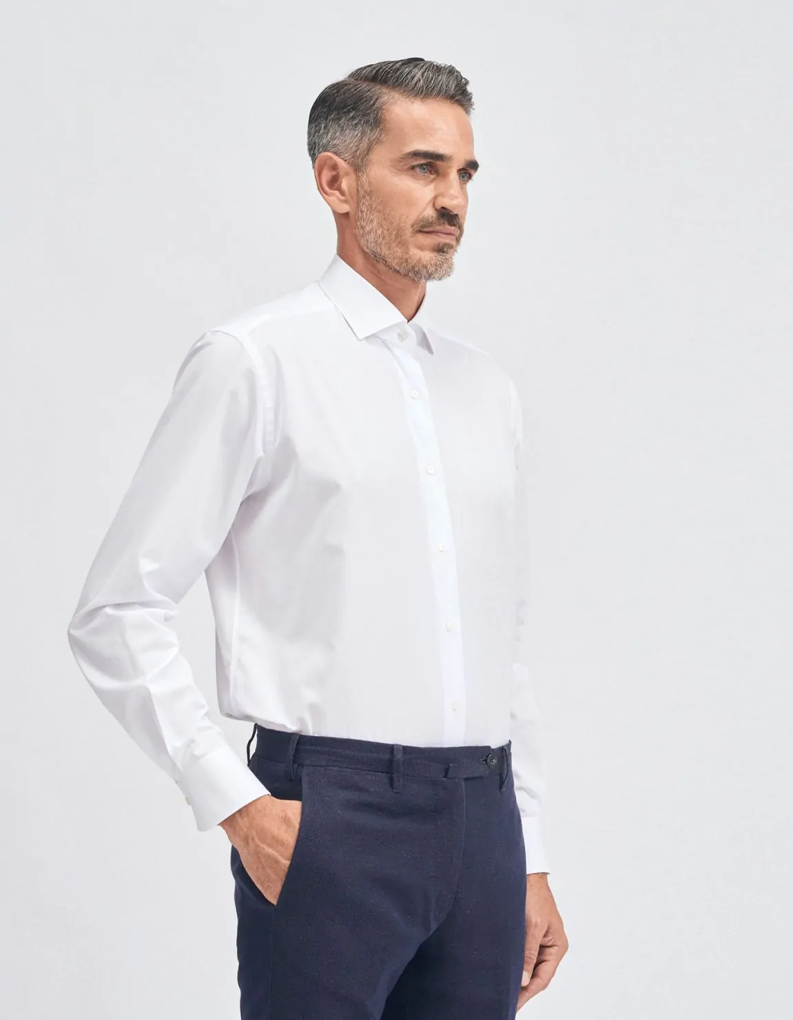 Xacus Camicia Collo francese piccolo Tinta Unita Twill Bianco