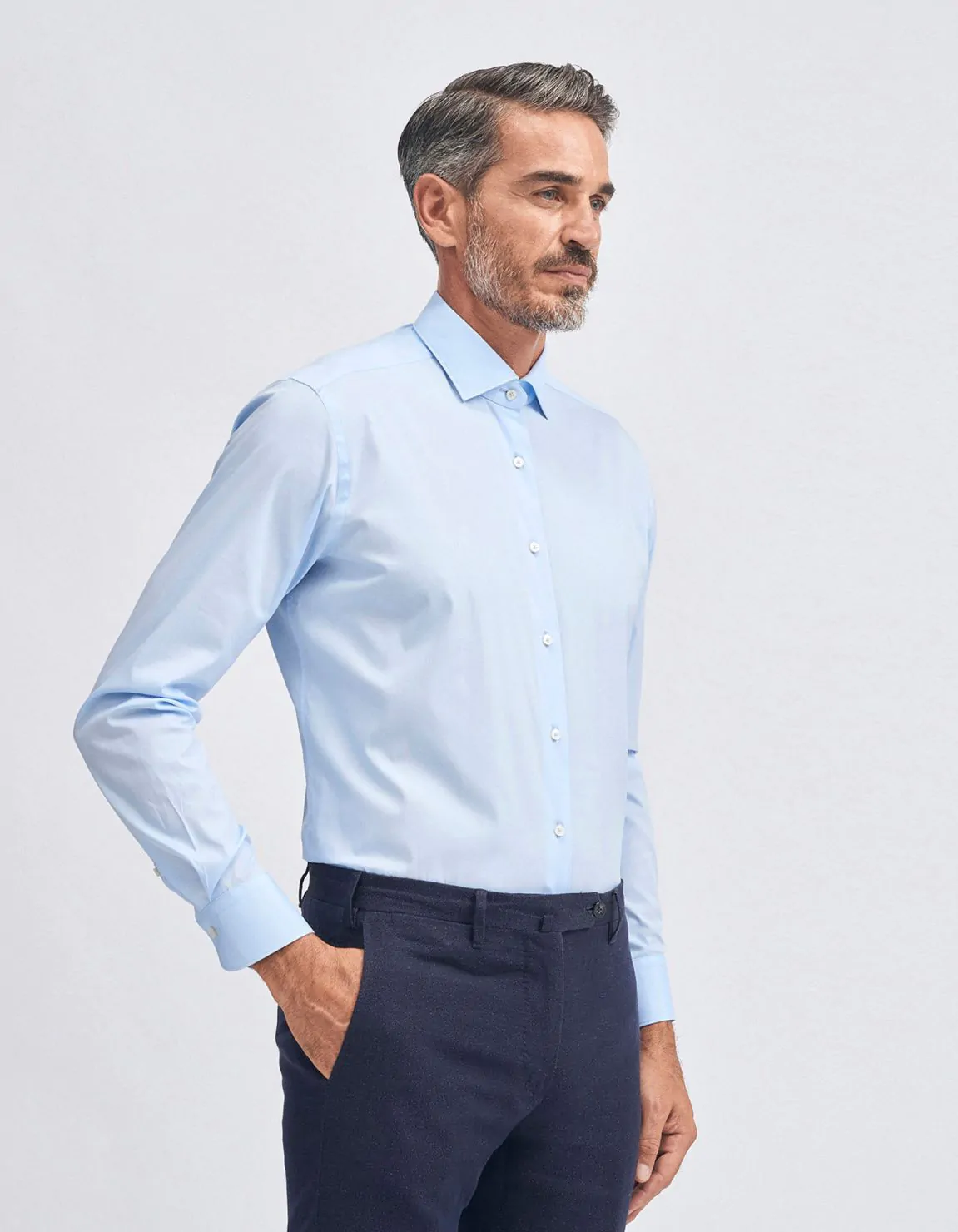 Xacus Camicia Collo francese piccolo Tinta Unita Tela Celeste scuro