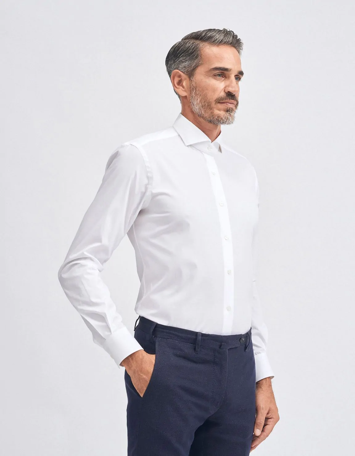Xacus Camicia Collo francese Tinta Unita Tela Bianco