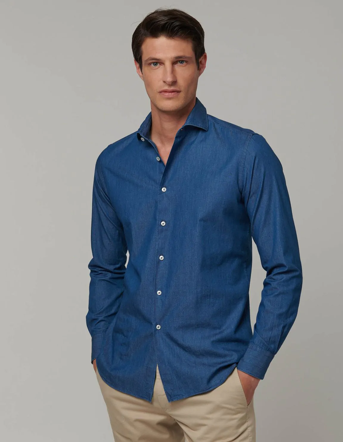 Xacus Camicia Collo francese Tinta Unita Tela Blue jeans Italia