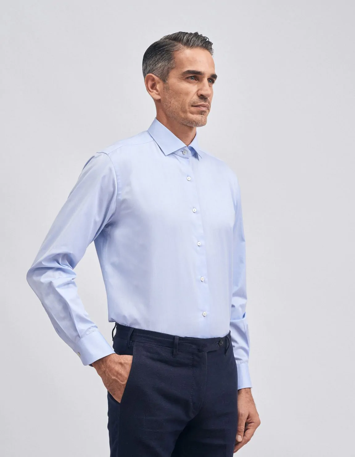 Xacus Camicia Collo francese piccolo Tinta Unita Twill Celeste scuro 2025