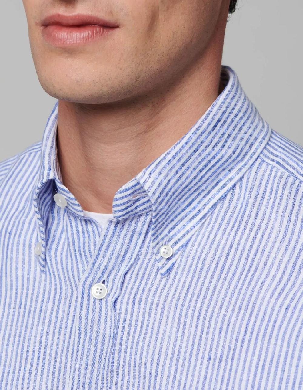 Xacus Camicia Collo button down Righe Lino Blu Pezzi Unici