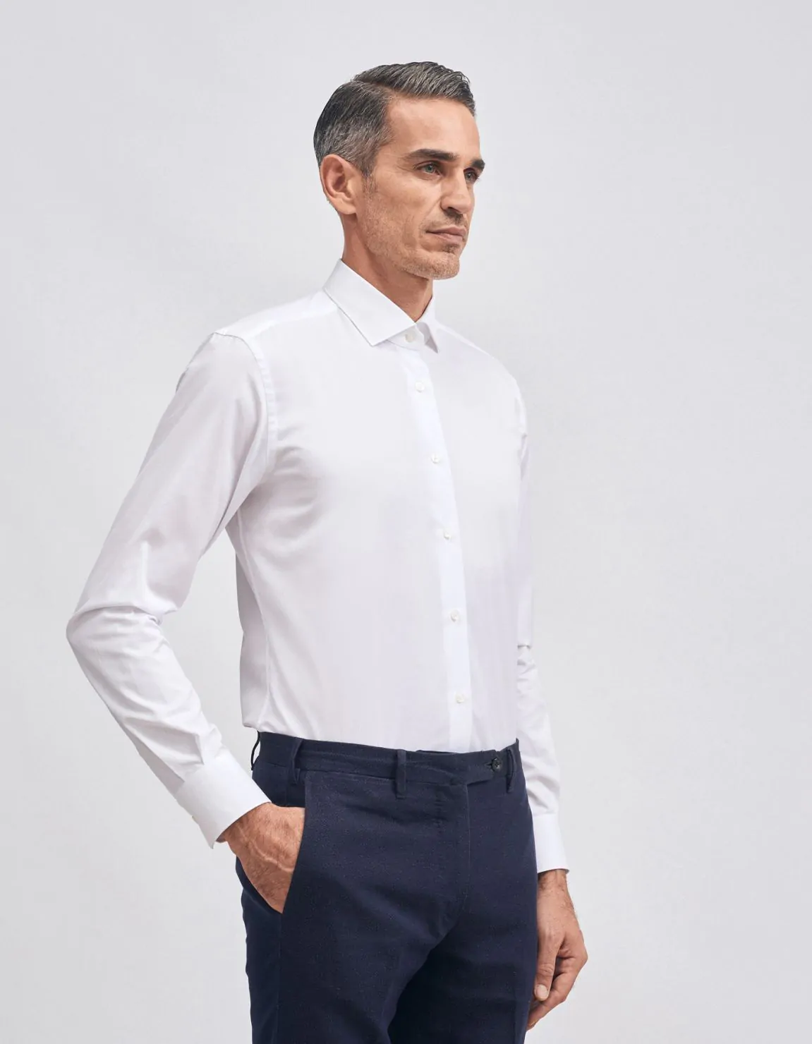 Xacus Camicia Collo francese piccolo Tinta Unita Twill Bianco