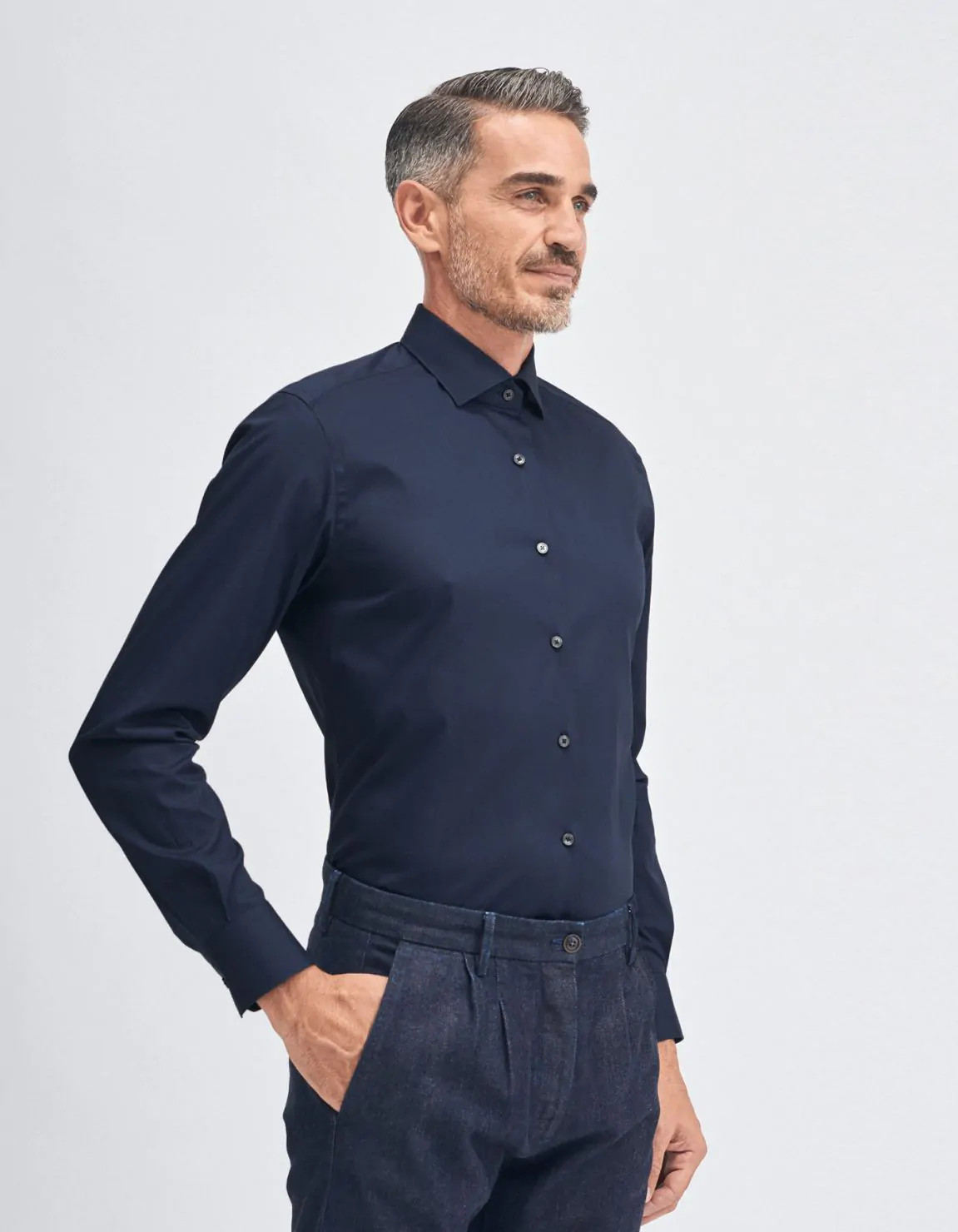 Xacus Camicia Collo francese piccolo Tinta Unita Tela Blu navy Shopping Online