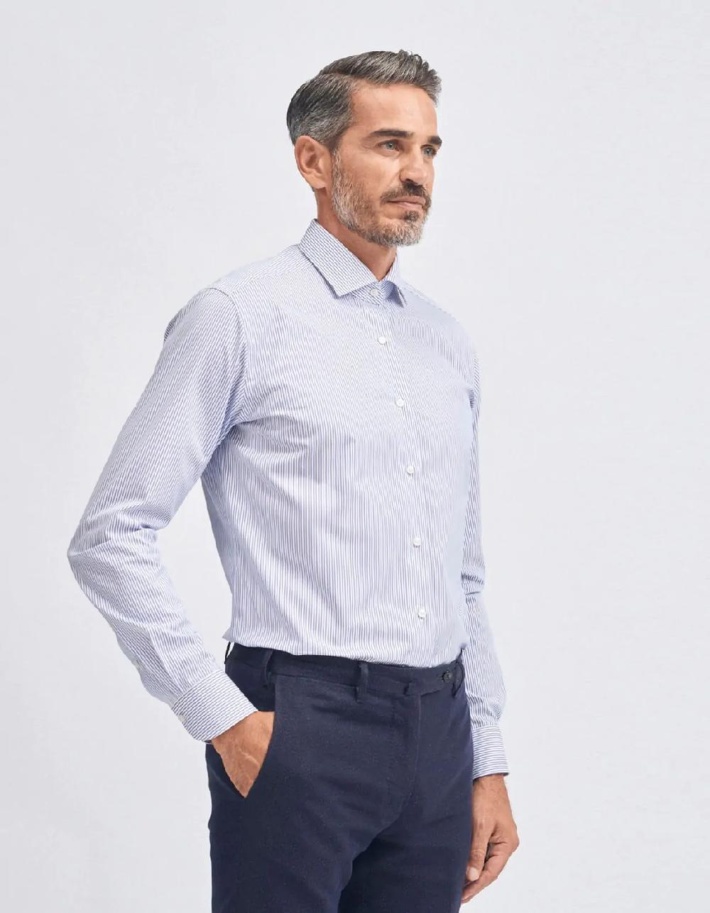 Xacus Camicia Collo francese piccolo Righe Popeline Blu
